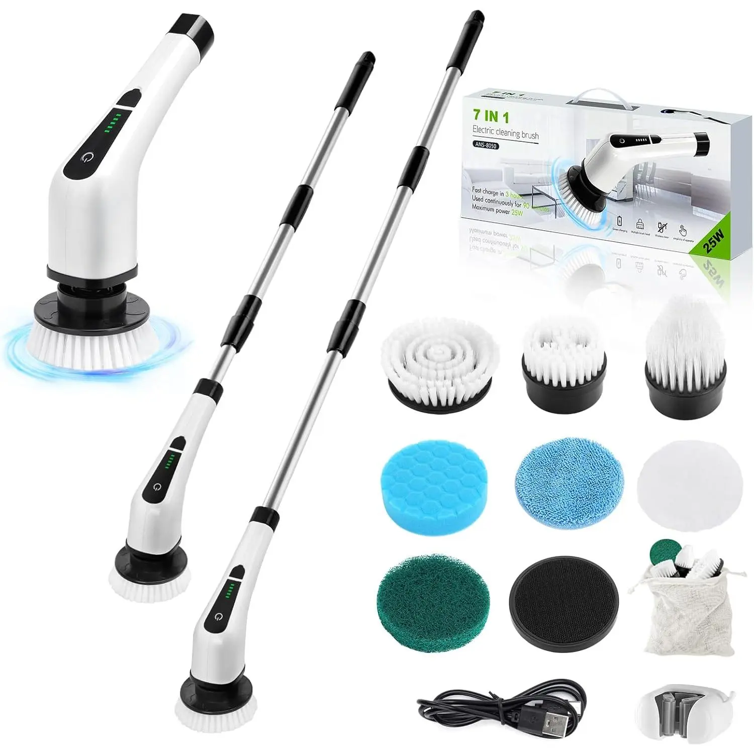 Wireless Cordless Electric Spin Scrubber - Handheld Powerful Cleaning Tool, Household Waterproof Device with 2-3H Runtime, Convertible Long-Short Handle, 8 Replaceable Heads, for Bathroom Tub, Tile Floor, LCD Display, Handheld Cleaning Brush