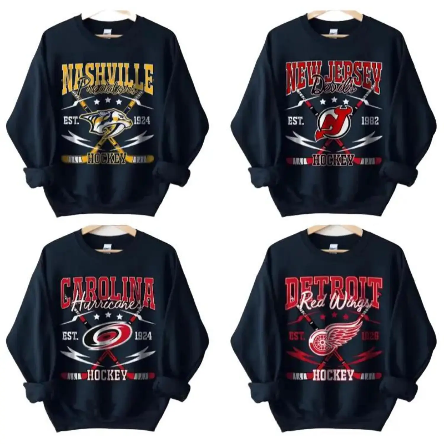 Gildan USA Vintage All Hockey Teams Crewneck Sweatshirt - Unisex Black Crewneck Sweatshirt for Sport Fans, Classic Fit, 90s Style