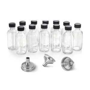 12 Pack Clear Glass Bottles with Lids and Stainless Steel Funnels - 60ml Boston Sample Bottles for Travel and Home Use Set Organiser