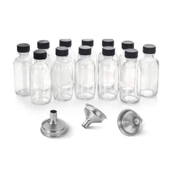 12 Pack Clear Glass Bottles with Lids and Stainless Steel Funnels - 60ml Boston Sample Bottles for Travel and Home Use Set Organiser