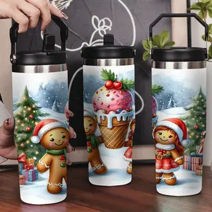 30oz Stainless Steel Insulated Tumbler with Leak-Proof Lid & Portable Handle - A pair of gingerbread men in watercolor style pattern,Long-Lasting Hot/Cold Insulation,Perfect for Car,Office,Travel and Christmas Gifts