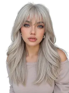 18 Inch Medium Length Wave Wig with Bangs, Light Fashion Synthetic Hair, Natural Look, Easy Care, Suitable for All Ages, Synthetic Material Wigs