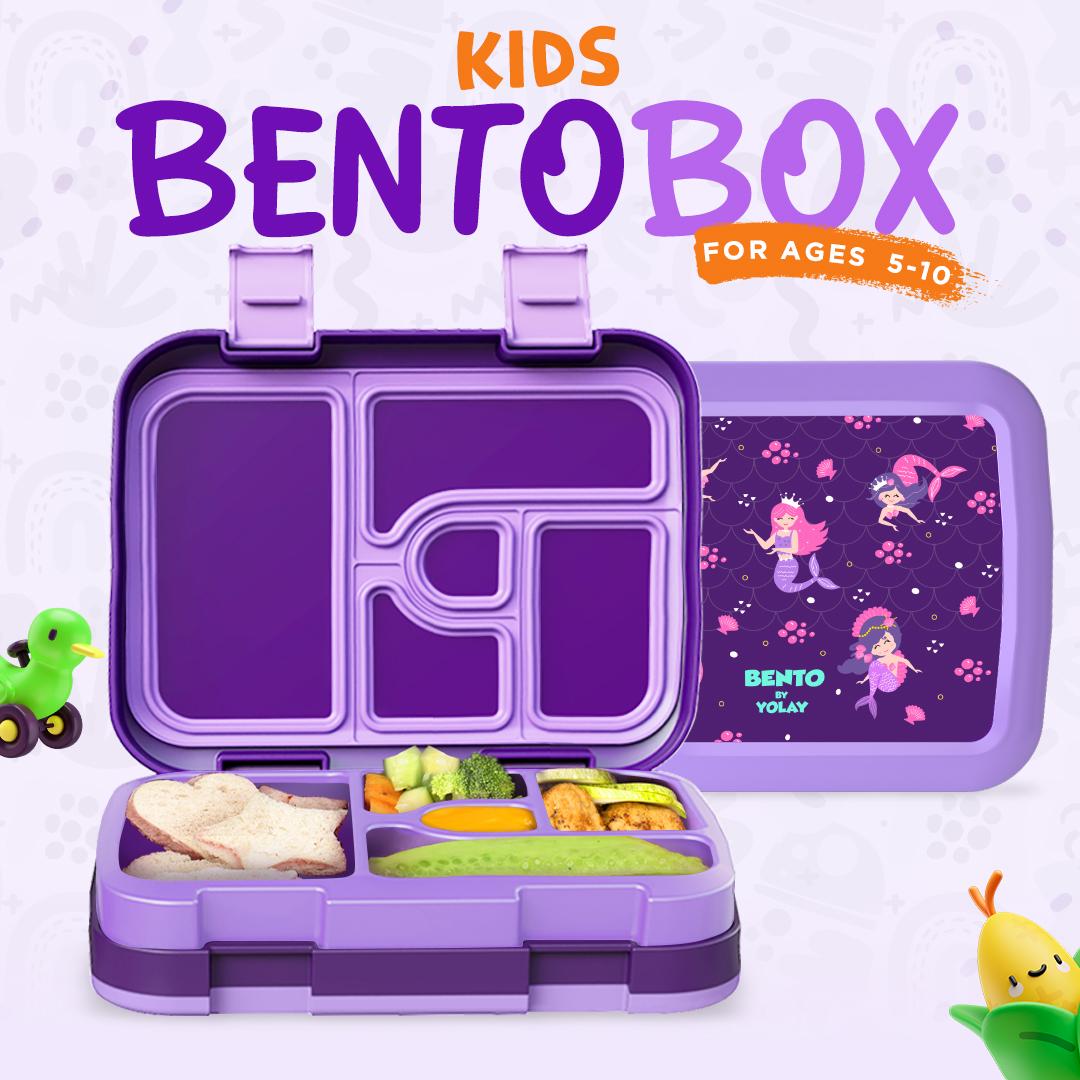 YOLAY Bento Box for Kids Lunch Box Leak-Proof, 5-Compartment Lunch Box Kids for Ages 3-10, Durable with Anti-Slip Base, Suitable for Schools, Outdoor and Travel (Mermaid) (Trucks)