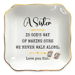 OASSIE Sister Birthday Gifts for Women - We Never Walk Alone 4"X4" Porcelain Jewelry Dish Tray - Mothers Day Birthday Big Sister Gifts for Girls Women Sister-in-Law