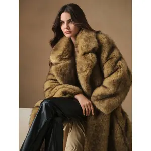 New Autumn Winter Fashion Fluffy Long Coat Elegant Lady Furry Parka Outerwear Brown Drop Shoulder Loose Fit Lapel Neckline Casual Evening Wear