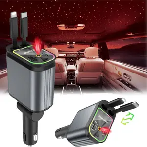 Starlight Car Charger, 4-In-1 Retractable 66w USB-C Car Charger, 2 USB Ports, Fast Charging, Compatible with iPhone & Android Devices, Super Fast Charger