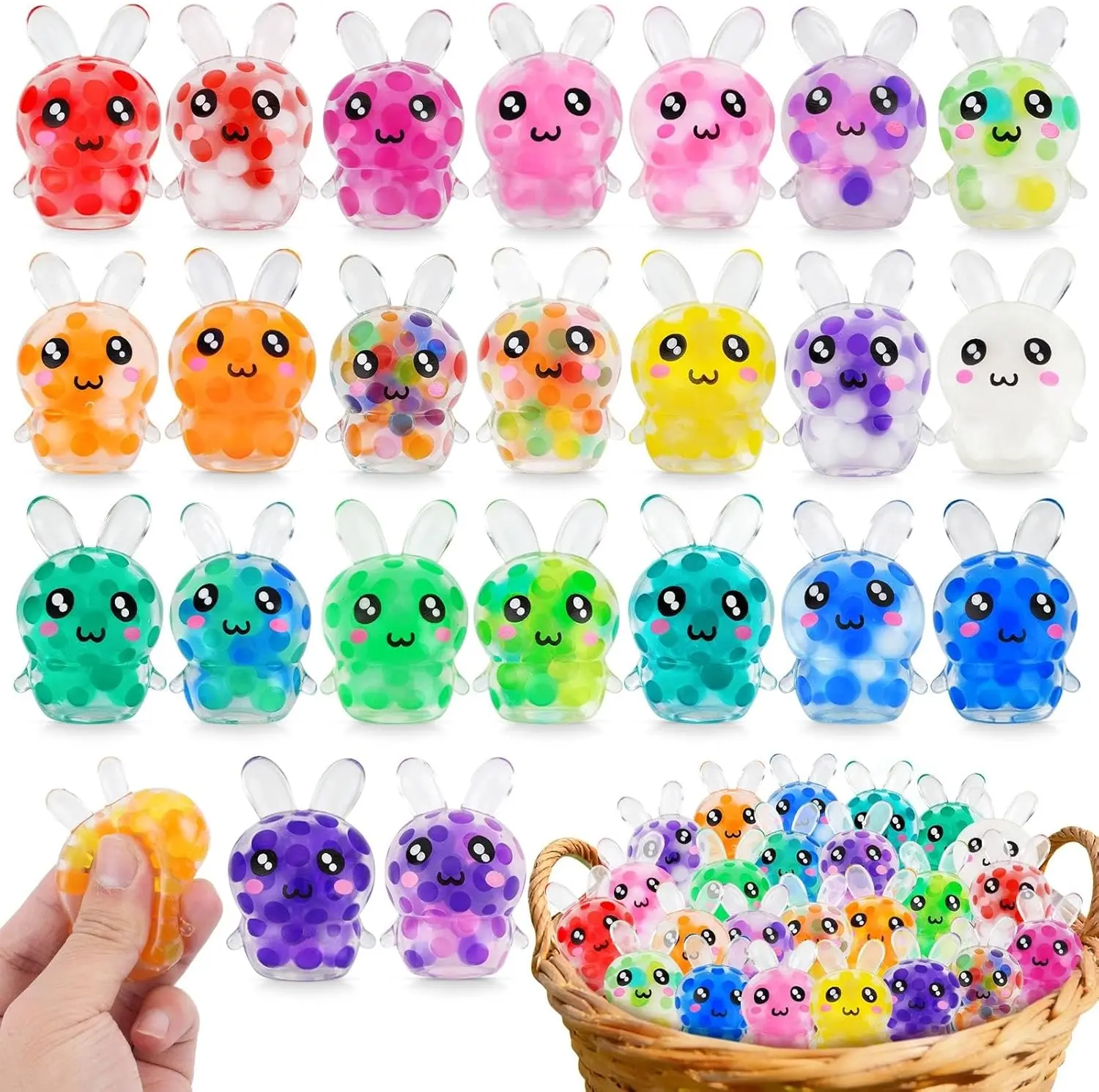 Easter Squishy Toys Bulk 24 Pack, Kawaii Bunny Stress Balls, Mini Squeeze Toys for Easter Eggs, Goodie Bags, Classroom Prizes & Party Favors