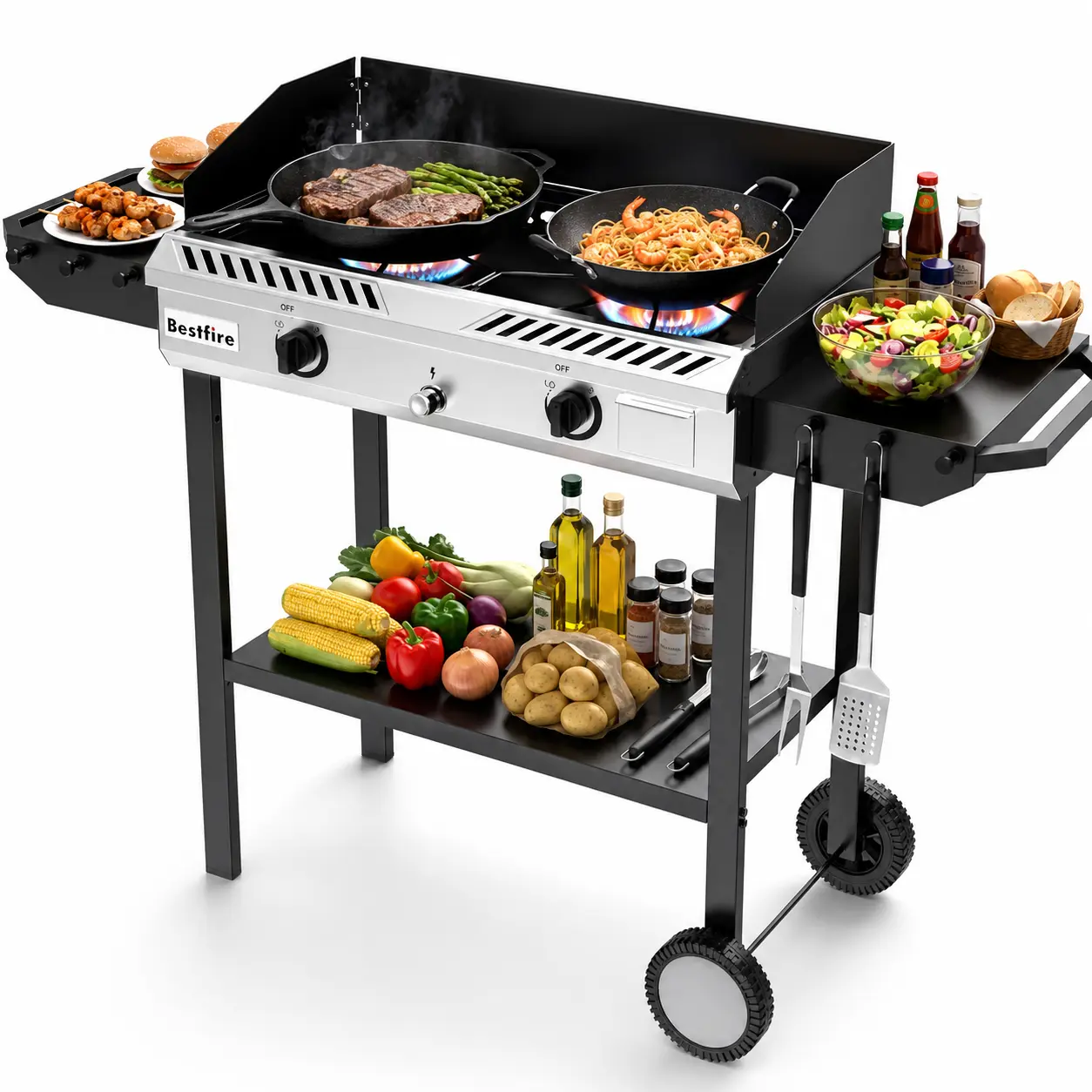 BESTFIRE 150K BTU 2-Burner Propane Stove – Heavy Duty Portable Camping Cooker with Foldable Side Shelves, Windproof Panel, Piezo Auto-Ignition & Adjustable Regulator,for Turkey Frying, Backyard BBQ,  Outdoor Cooking picnic seafood boil