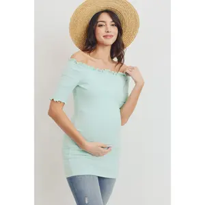 Hello Miz Off Shoulder Ribbed Mint Maternity Top