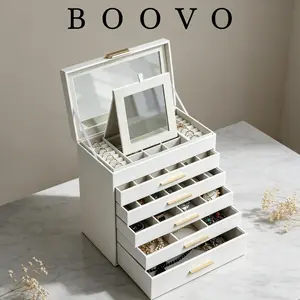 BOOVO 6-Layer Rose Gold PU Women's Jewelry Box - Rectangle Modern Accessories & Cosmetic Storage Box, Dustproof Multifunctional Leather Flip-Top Organizer with Large Glass Lid & Mirror, Dresser Decor, Mother's Day Gift