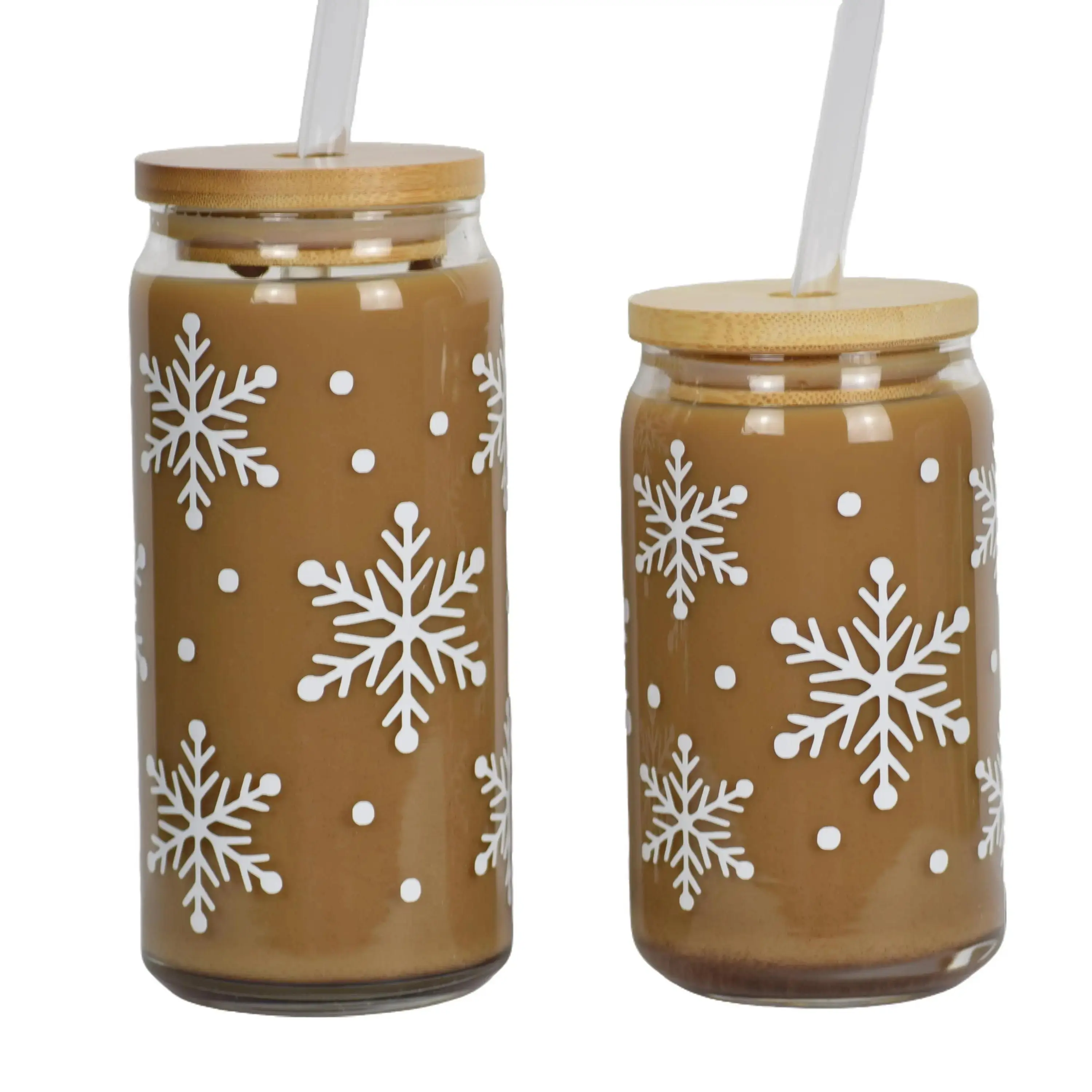 Winter Snowflakes Iced Coffee Cup, Cute Holiday Drinkware, Xmas Cold Brew Mug, Glass Beer Can, Christmas Themed Reusable Tumbler with Lid and Straw