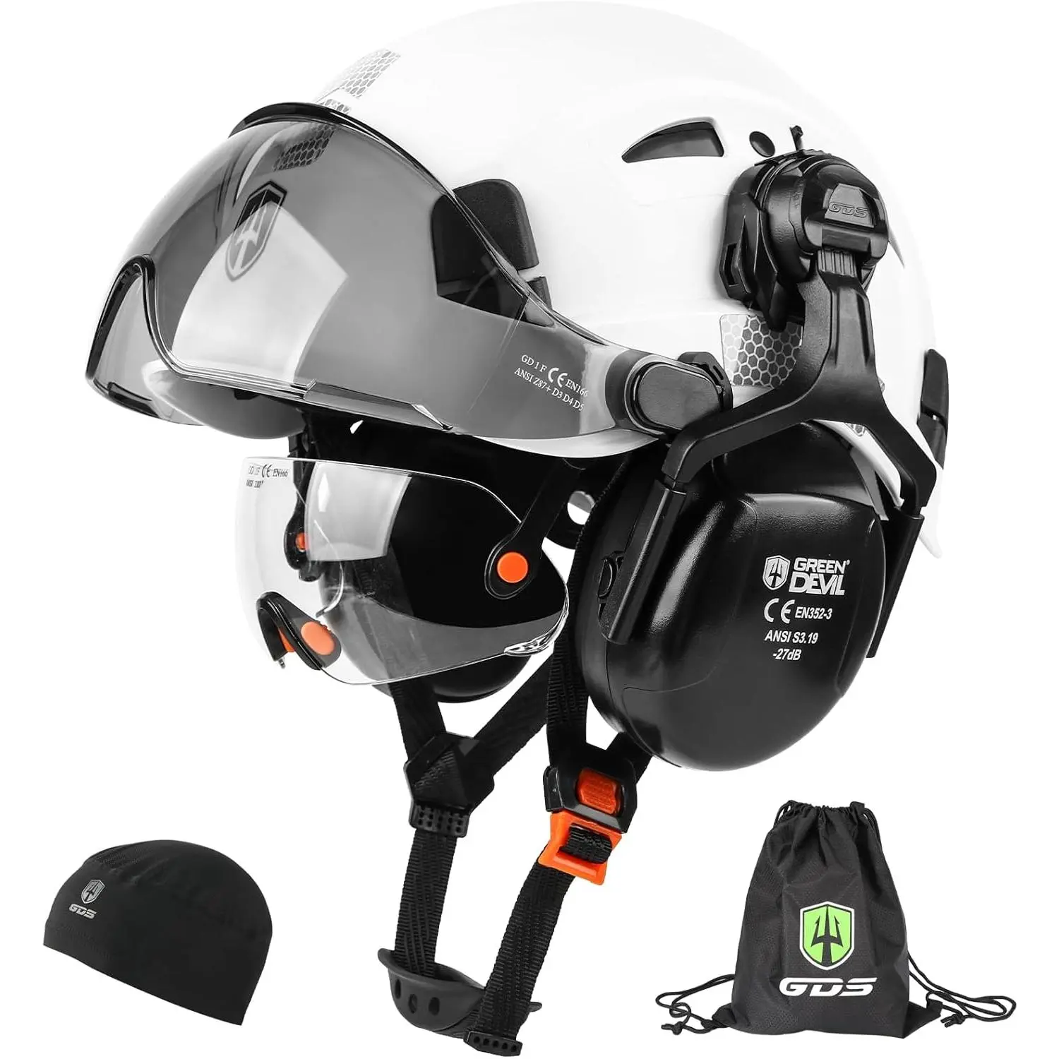 6-in-1 Vented Safety Helmet with Integrated Dual Visor, Ear Muffs, Above-the-Neck Protection, 27dB Noise Reduction for Construction, Scaffolding, Forestry Sports & Outdoor Hats, Integrated Visor, Woodworking, 11.8 X 9.4 X 7.1 Inches