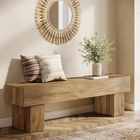 LITTLE TREE 63“ Extra Long Dining Bench, Farmhouse Wooden Entryway Bench, Indoor End of Bed Bench for Bedroom, Living Room, Dining Room, Hallway, Light Brown