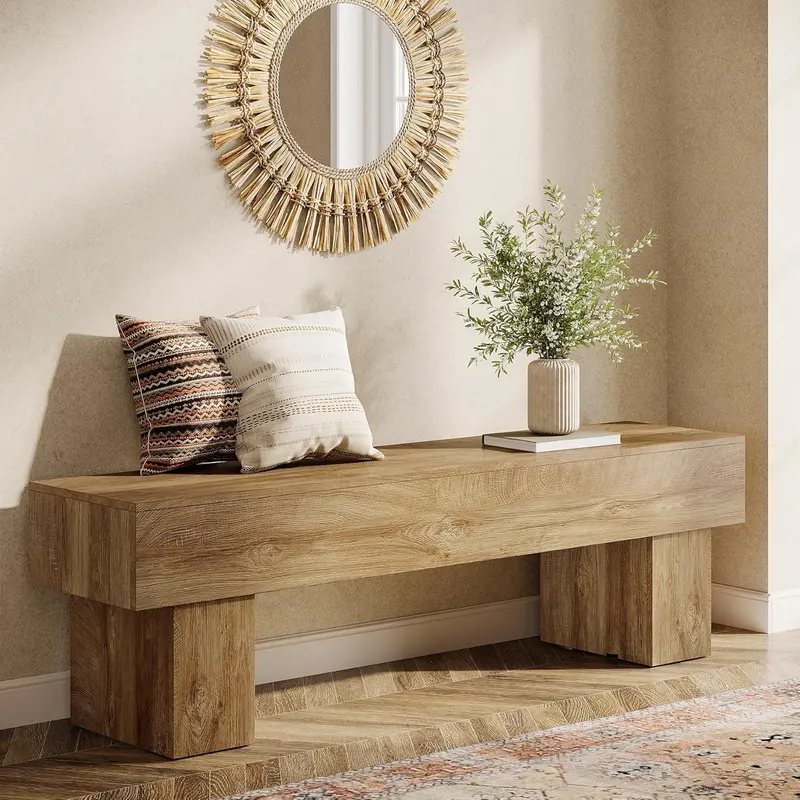 LITTLE TREE 63“ Extra Long Dining Bench, Farmhouse Wooden Entryway Bench, Indoor End of Bed Bench for Bedroom, Living Room, Dining Room, Hallway, Light Brown