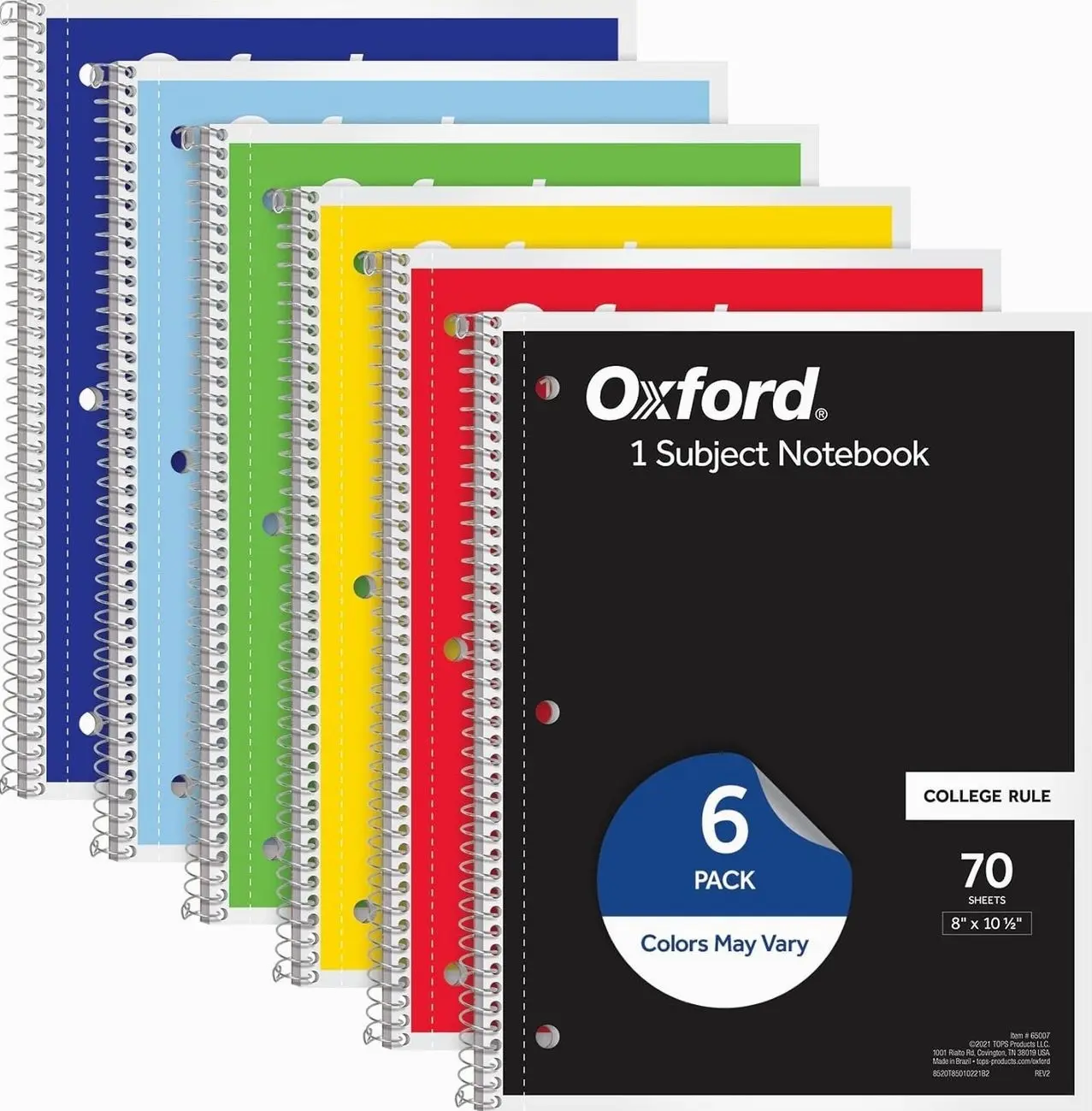 Oxford Spiral Notebook 6 Pack, 1 Subject, College Ruled Paper, 8 x 10-1/2 Inch, Color Assortment Design May Vary (65007)
