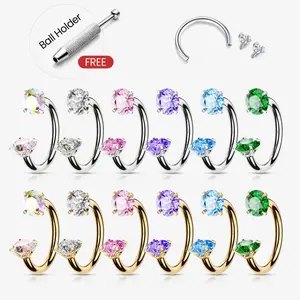 2pc  Titanium  Horseshoe Nose Ring(Free Ball Holder) Internally Threaded Gems,Earring Daith Cartilage Helix,Piercing Jewelry