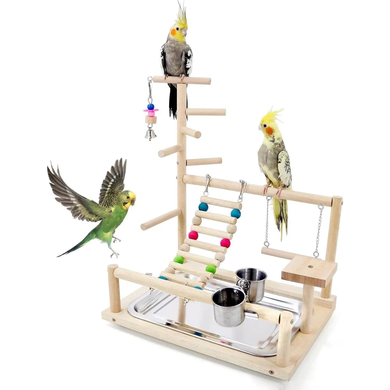 Wooden Bird Play Stand for Small Birds - Easy-to-Assemble Exercise and Fitness Stand, Parrot Play Area with Colorful Toys, Ladder with Platform, Suitable for Budgies, Conures