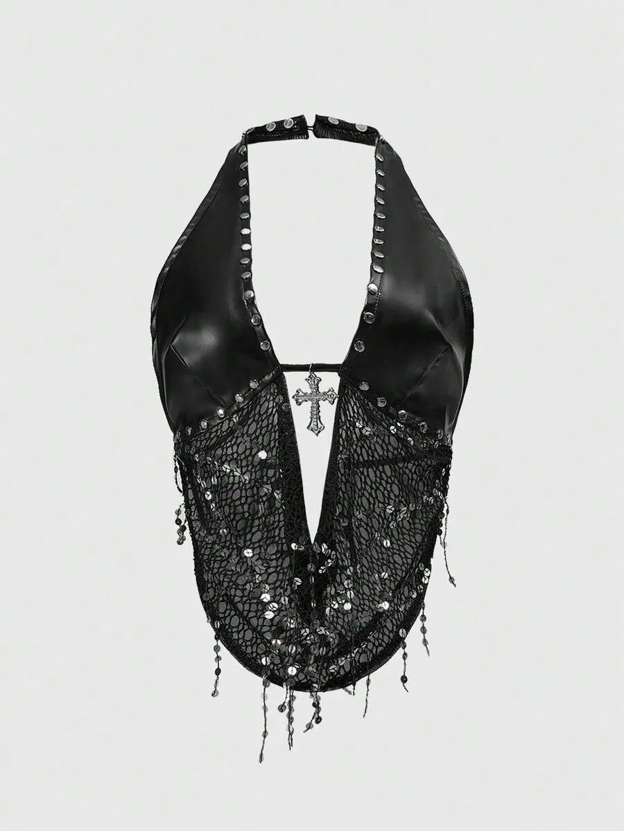 SHANIAH Grunge Punk Women's Y2K Sexy Metal Cross Pendant Mesh Sequins Splice Scoop Neck Backless Tank Top