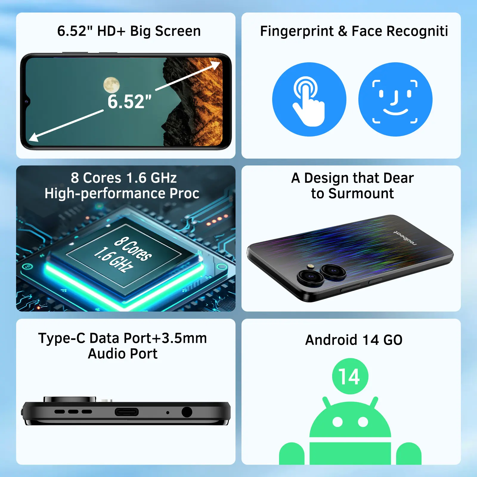 Redbeat D5 Android 14 ,6.52 Inch HD,Octa-Core 6GB (3+3) RAM+128GB