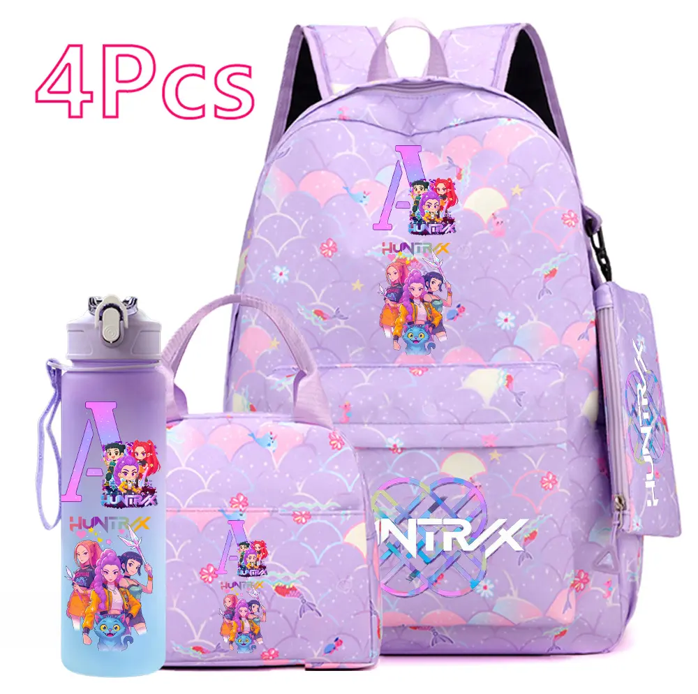 4PCS K-Pop Demon Hunters School Backpack Set – Rumi, Mira, Zoey, Aira, Luna & Yuna Cute Anime Backpack with Lunch Bag, Pencil Case & Water Bottle for Kids, Girls & Teens