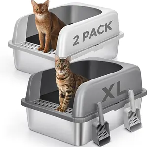 2 Pack Stainless Steel  Litter Box with Lid, XL  Metal Box for Big Cats, 24" L x 16" W x 12" H, Enclosed Litter Box High Sided, Non-Sticky, Include Litter Scoop