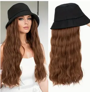 18inch Synthetic Heat Resistant Wigs Long Wave Curly Hair Women Bucket Hat With Wave Hair Extensions Fisherman Hats Wig Hairstyle For Daily, Party, Working Christmas Halloween