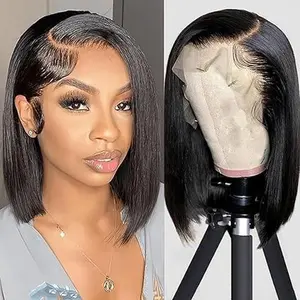 gk 16-Inch Straight Human Hair Bob Wig, 13x4 HD Transparent Lace Front Wig for Black Women, Glueless Construction, Pre-Plucked with Baby Hair, 180% Density, Straight Bob, Glueless Cap