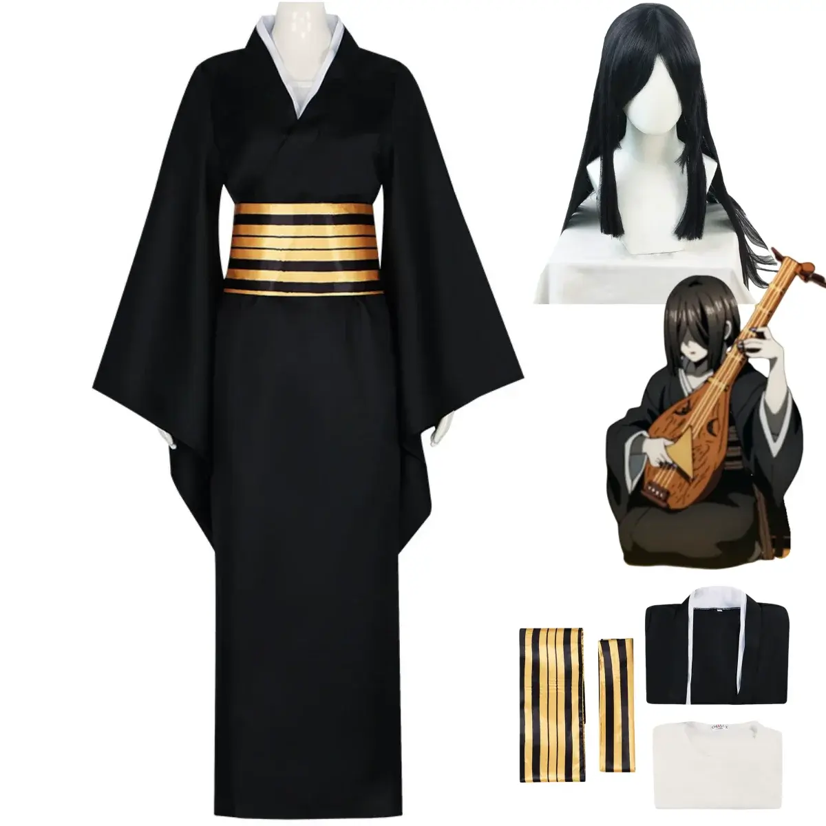 Anime Nakime Cosplay Costume Infinity Castle Pipa Girl Wig Japanese Black Kimono Dress Bathrobe Wig Woman Carnival Suit