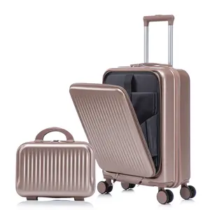 14/20 Inch 2 Piece Luggage Set with Front Opening Design, ABS Hard Shell Spinner Suitcase with Combination Lock,360° Silent Wheels, Retractable Handle, and 14” Cosmetic Case, Champagne