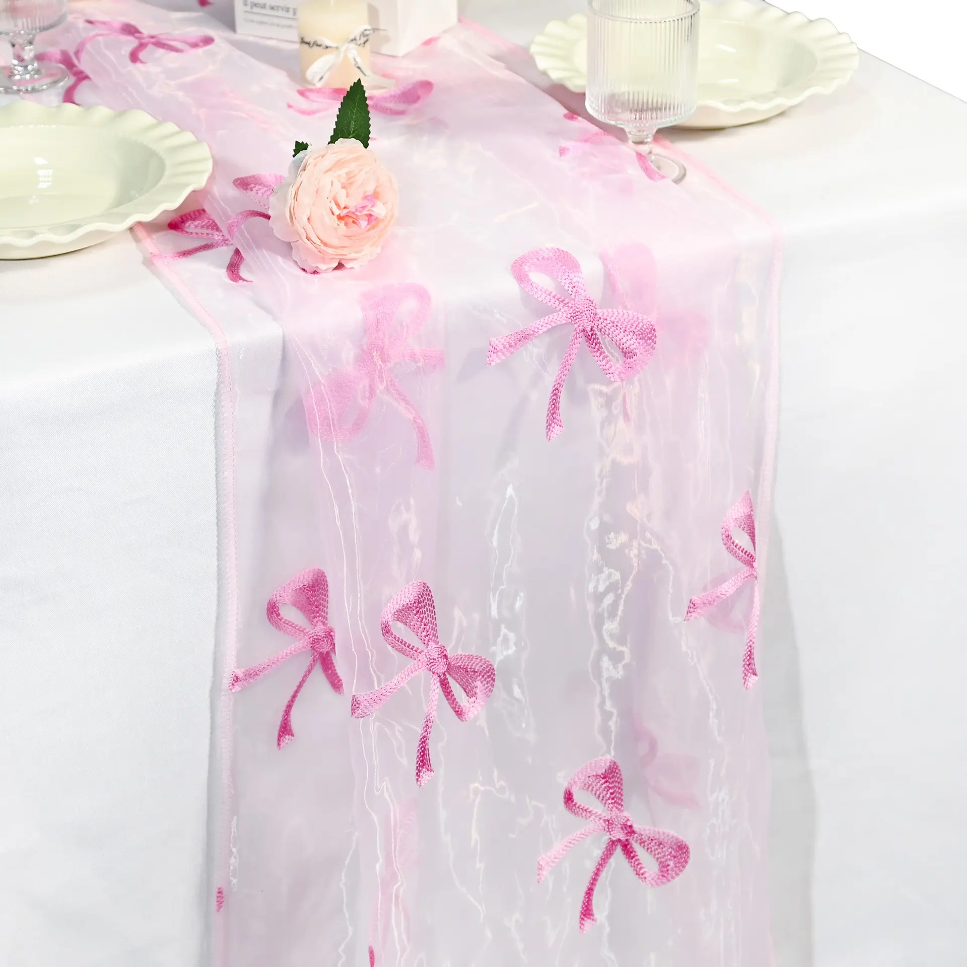 Pink Embroidered Detail Sheer Material Table Runner with Shiny Bow Accents, 28"×118" Romantic Tulle Table Runner for Wedding, Bridal Shower, Valentine’s Day Dinner Party Decor, Table Setting, Perfect Gift for Special Occasions