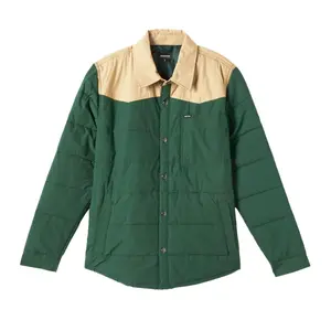 Brixton Cass Jacket - Men's Fitted Cut Long Sleeve Colorblock Button-Detail Autumn Menswear Coat, Pine Green/Sand Stylish Casual Elegant Button-Up Top, Simple Outfit Inspiration