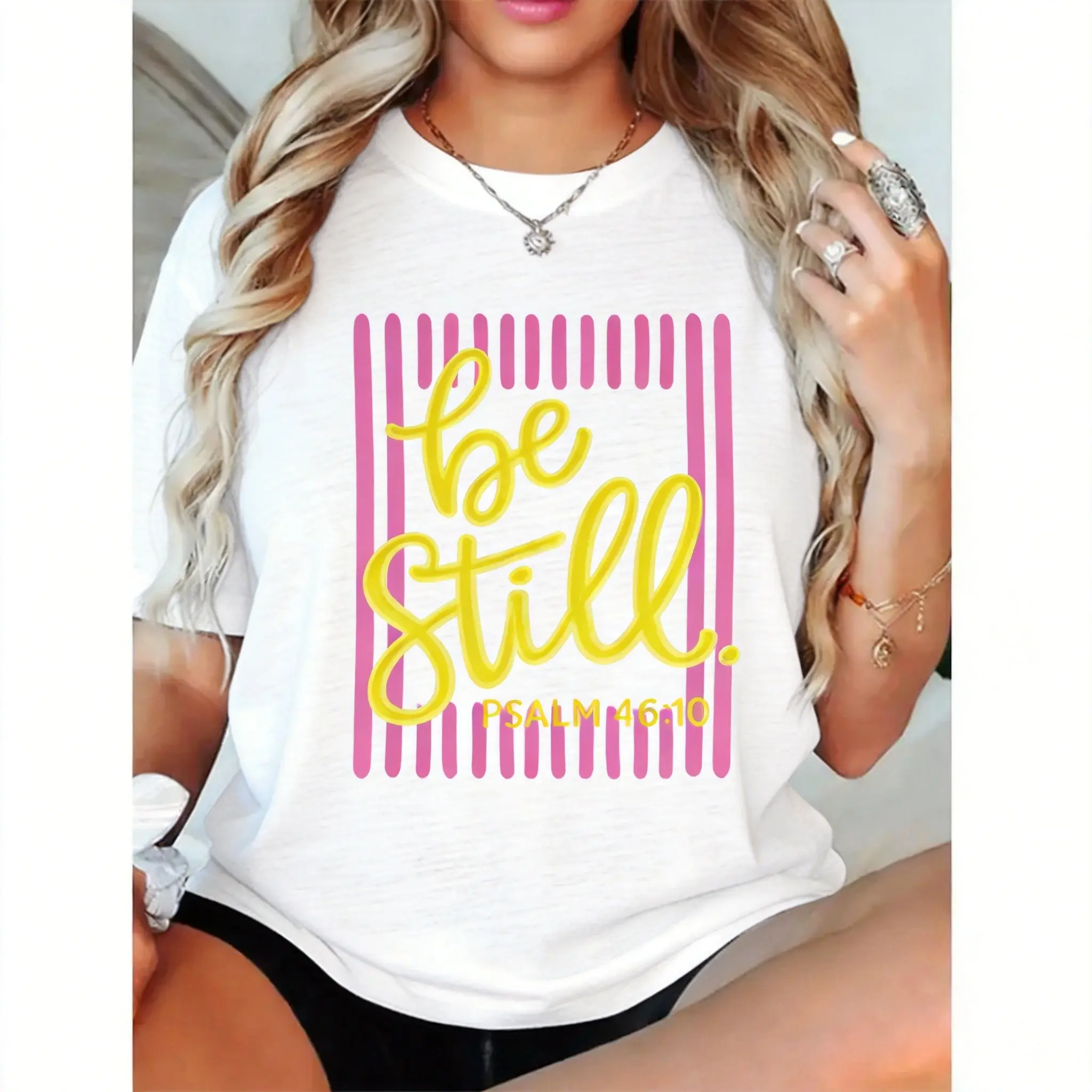 Men's Christian Graphic Tshirt with 'Be Still' Psalm 46:10 Verse - Unisex Faith Shortsleeve Top in a Chic, Preppy Style, Cotton, Elegant, Printed Art