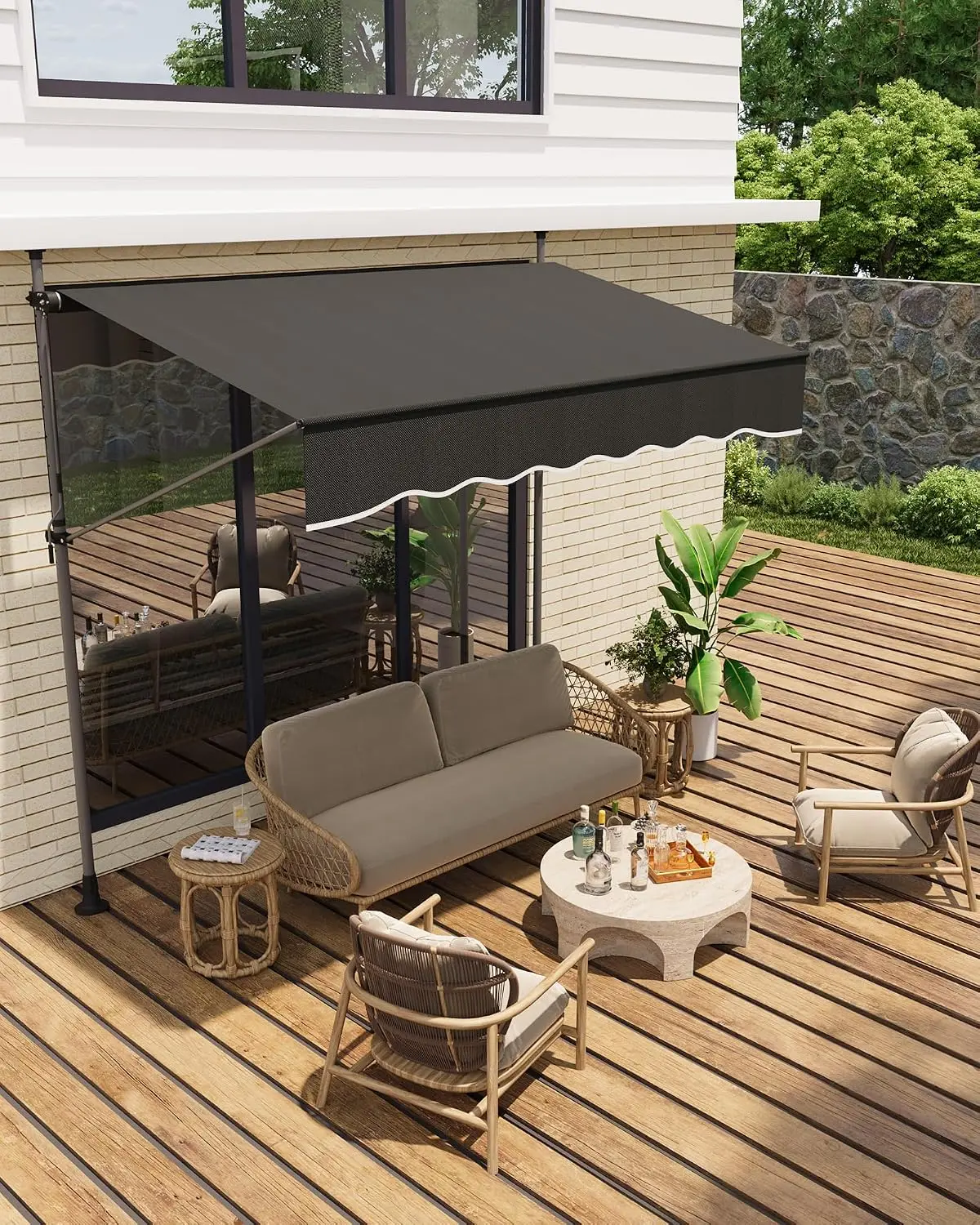 Garvee Manual Retractable Patio Awning - UV Protection & Waterproof Canopy - Height & Angle Adjustable Sunshade - Hand Crank Operation - Outdoor Shelter for Patio, Deck, Balcony, Window, or Door - Black