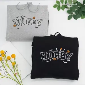 Wifey & Hubby Matching Embroidered Hoodies | MR & MRS Couple Sweatshirts | Spooky Season Matching Shirts | Cute Halloween Gift for Couples