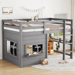[Bellemave]Twin /FullSize loft bed with a playful sliding chalkboard, built-in bookshelf, and high-quality safety rails,Gray