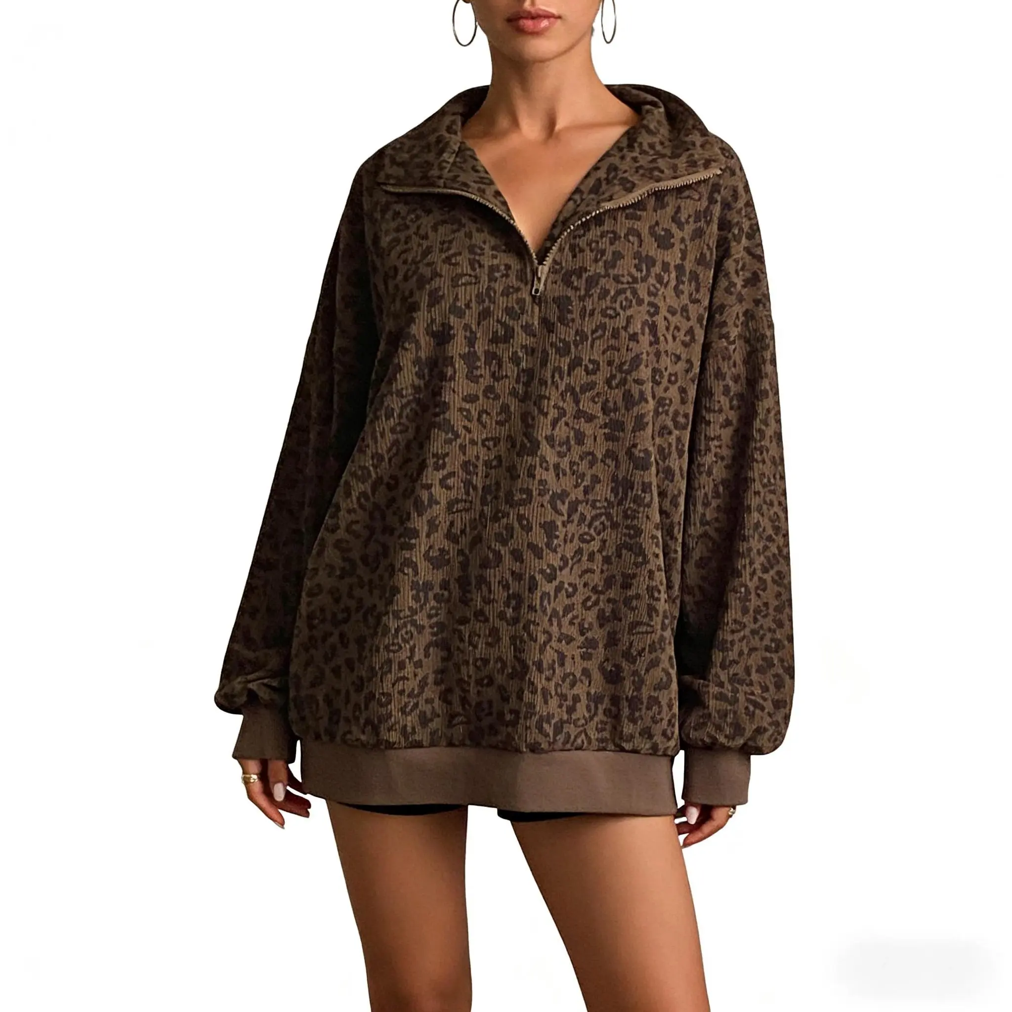 Women's Oversize Long Sleeve Hoodie Sweatshirt - Chic Leopard Print V-Neck Zip Closure Woven Polyester Fabric Top, Wild Casual Relaxed Loose Cut Everyday Fall Pullover (Do Not Dry Clean)