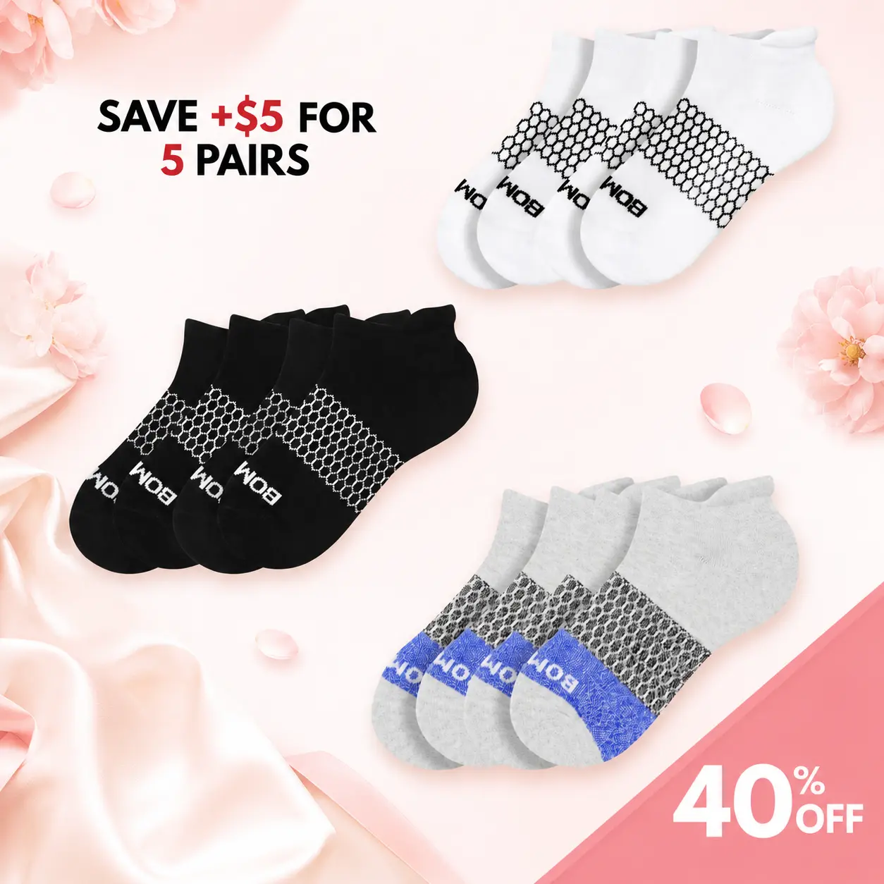 5 Packs BomBas Ankle Socks for Women, Men | Multi Colors Unisex Running Socks, Seamless Toe, Compression Socks | Stylish Socks Tri-Block Honeycomb Support Solid Socks