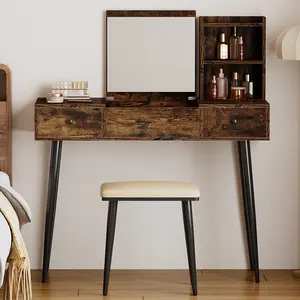 Vintage Foldable Makeup Vanity Table with Flip Top Mirror 3-Color LED Lights Space Saving Desk Set 6 Storage Spaces Power Outlet Rustic Brown