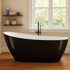 Garvee Freestanding Bathtub 59" Oval Soaking Tub, Chrome Drain and Cover, Contemporary Separate Bath for Family or Visitor Use, Black and Gloss White Finish