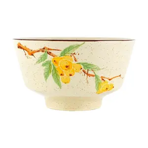 Golden Lion Vintage Ink Wash Ceramic Bowl - 12.7cm Loquat Design, 400ml Capacity, Retro Chinese Style Rice Bowl