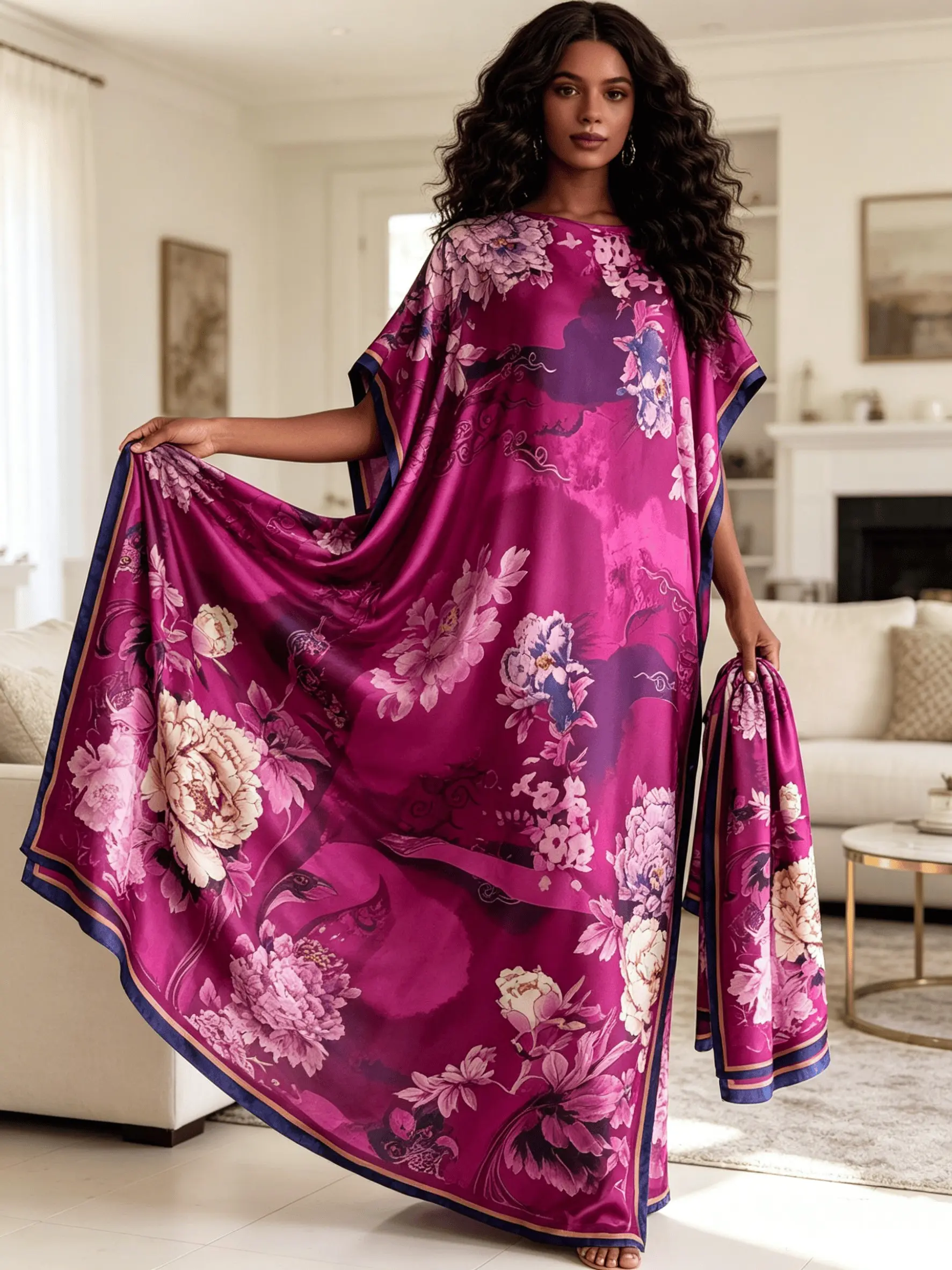 2026 New Women's 2 Piece Magenta Floral Print Kaftan Maxi Dress with Matching Scarf, Silky Loose Pleated Robe, Plus Size Friendly, Beach Cover Up, Resort Vacation & Evening Party Wear