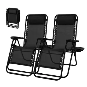 Outdoor Zero Gravity Chairs, Set of 2 Portable Recliner Beach Camping Patio Outdoor Folding Lounge Chair with Cup Holder Trays and Adjustable Pillow