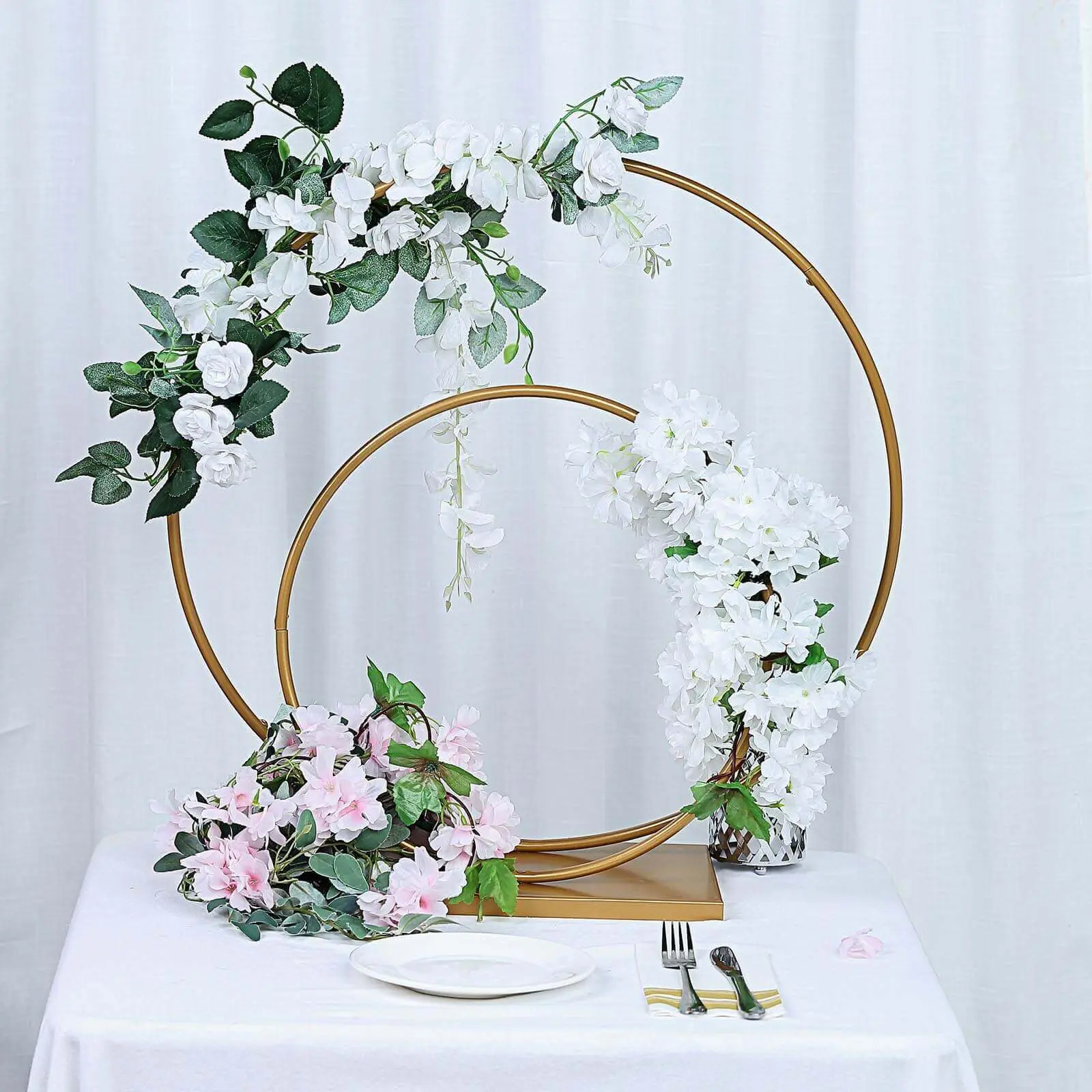 Gold Metal Double Steady Hoop Ring Flower Stand, 24" & 16" Round Floral Arrangement Centerpiece - Party Decoration for Table & Event Use