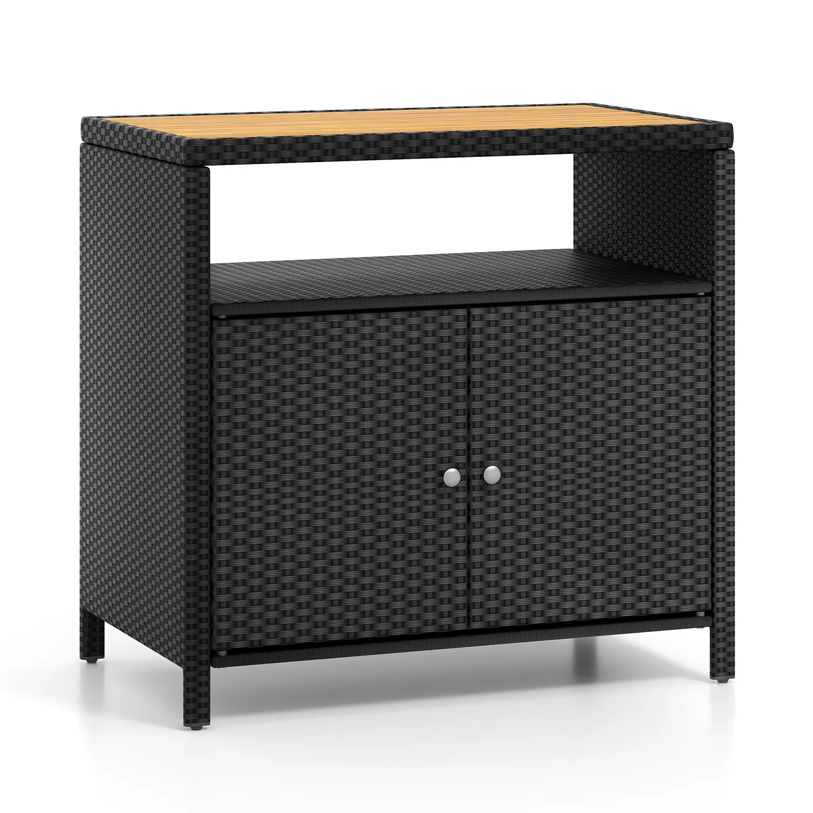 COSTWAY - Rattan Storage Cabinet with Acacia Wood Countertop for Poolside Deck and Patio-Black