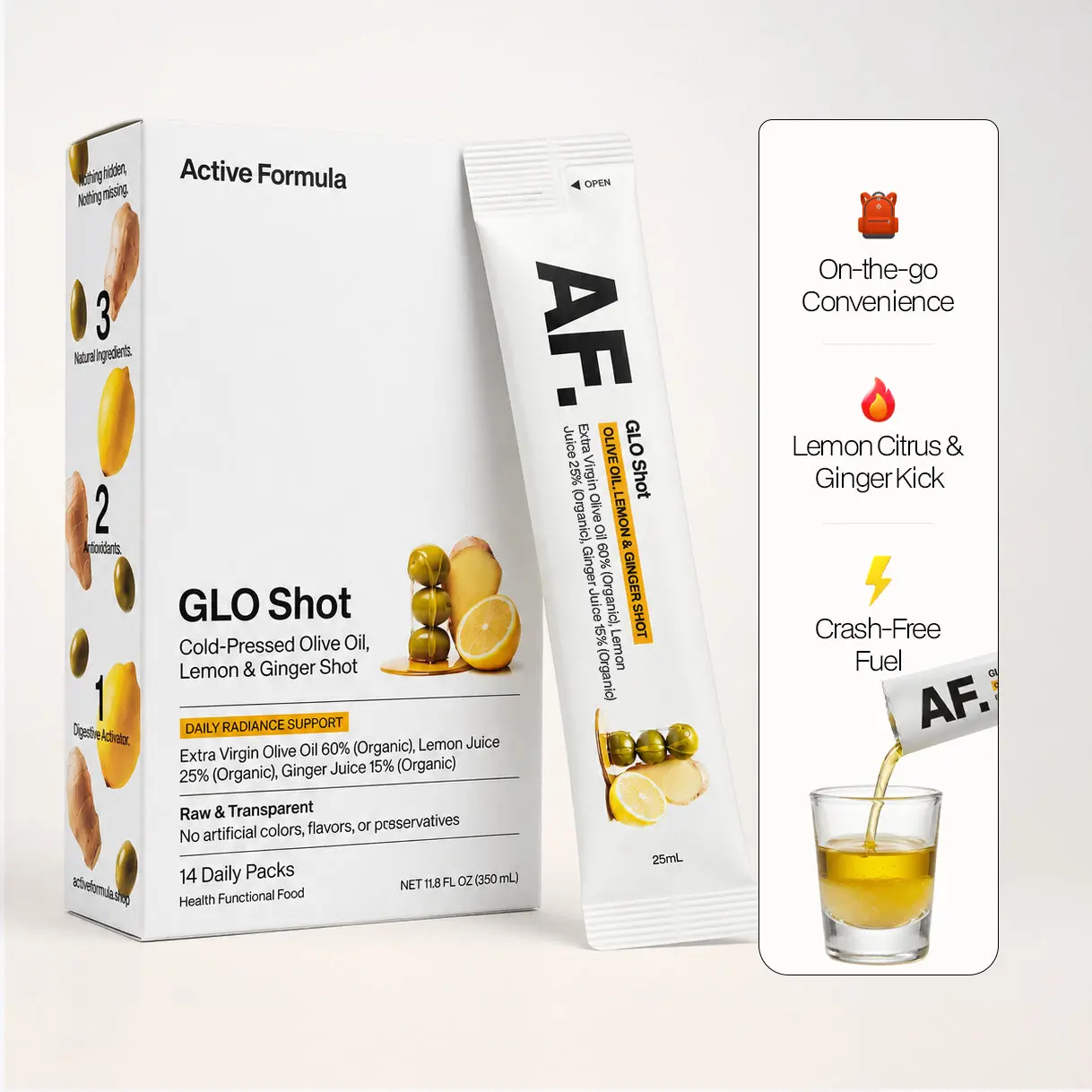 GLO Shot Organic Extra virgin Olive oil Lemon Ginger Packets 25mL 14ct