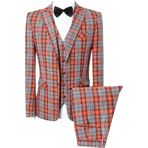 Mens Suit Slim Fit 3 Piece Plaid Checked Tuxedo Formal Business Wedding Suits for Men
