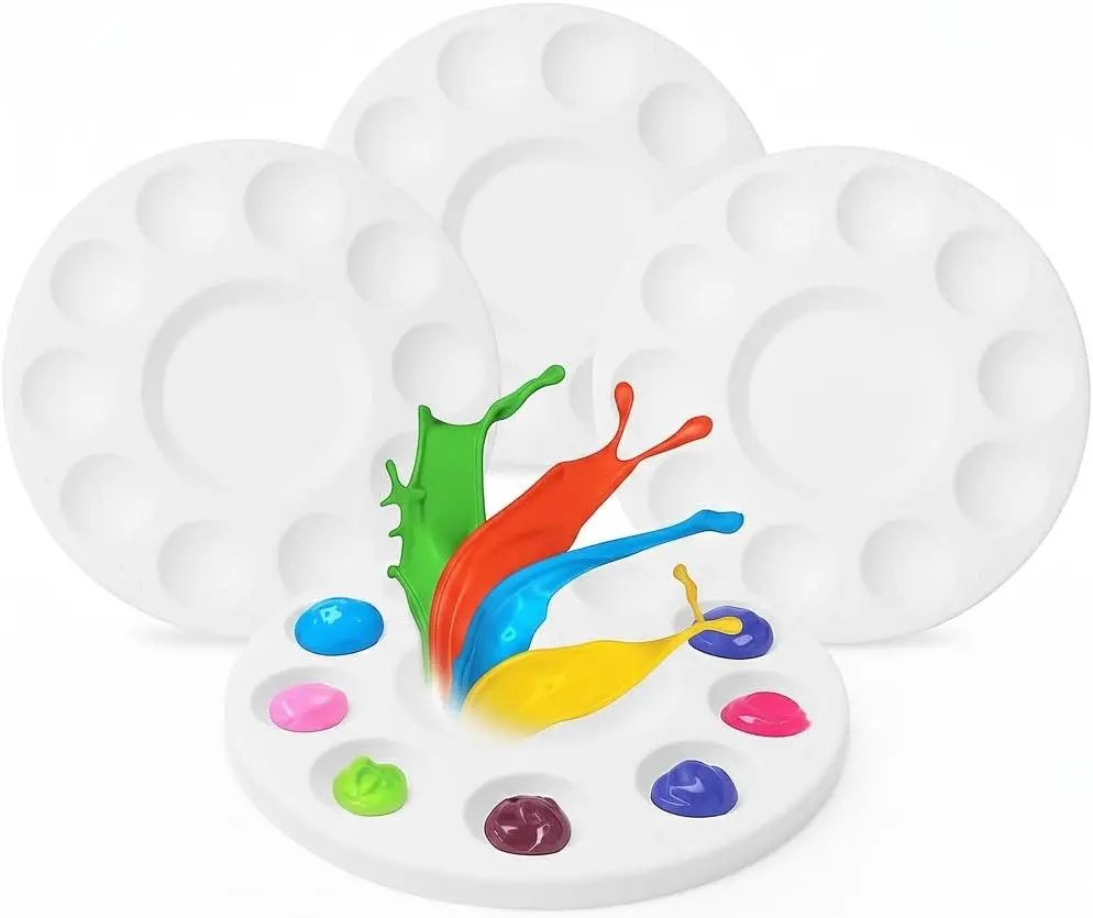 4 Pack Round Paint Tray Palettes, White Plastic Paint Palettes for Kids & Students, Paint Mixing Tray Holder for Art Class, DIY Crafts, Painting Supp