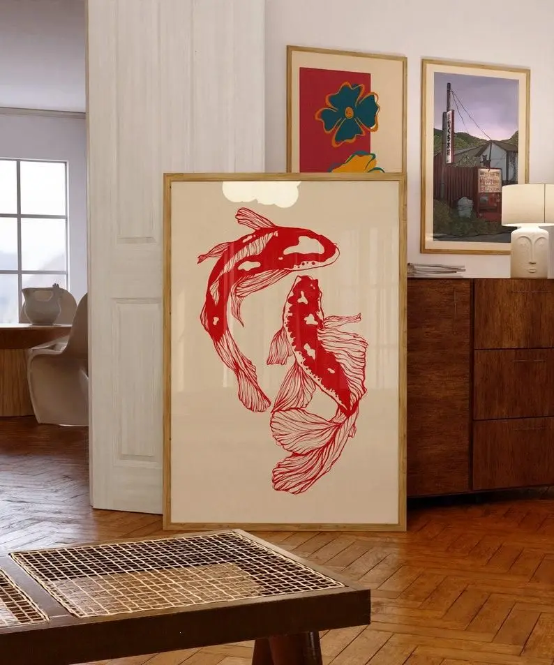 [Up to 65% Off][Free Shipping] No-Frame Artistic Red Koi Japanese Vintage Graphic Poster - High Ink Print Japanese Art Anime Wall Decoration, Printable Paper Home Decor for Kid Room, Home Supplies Accessory, Wardrobe