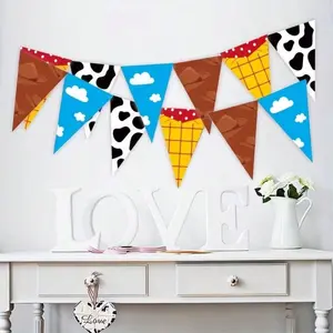 12-Pc Western Cowboy & Cloud Birthday Party Decoration Set, Pre-Strung Fabric Bunting Banner, Blue Sky Cow Print Hanging Swirls, Spring Summer Outdoor Garden Party Supplies, Reusable Easy Hang Farm Theme Decor 2026