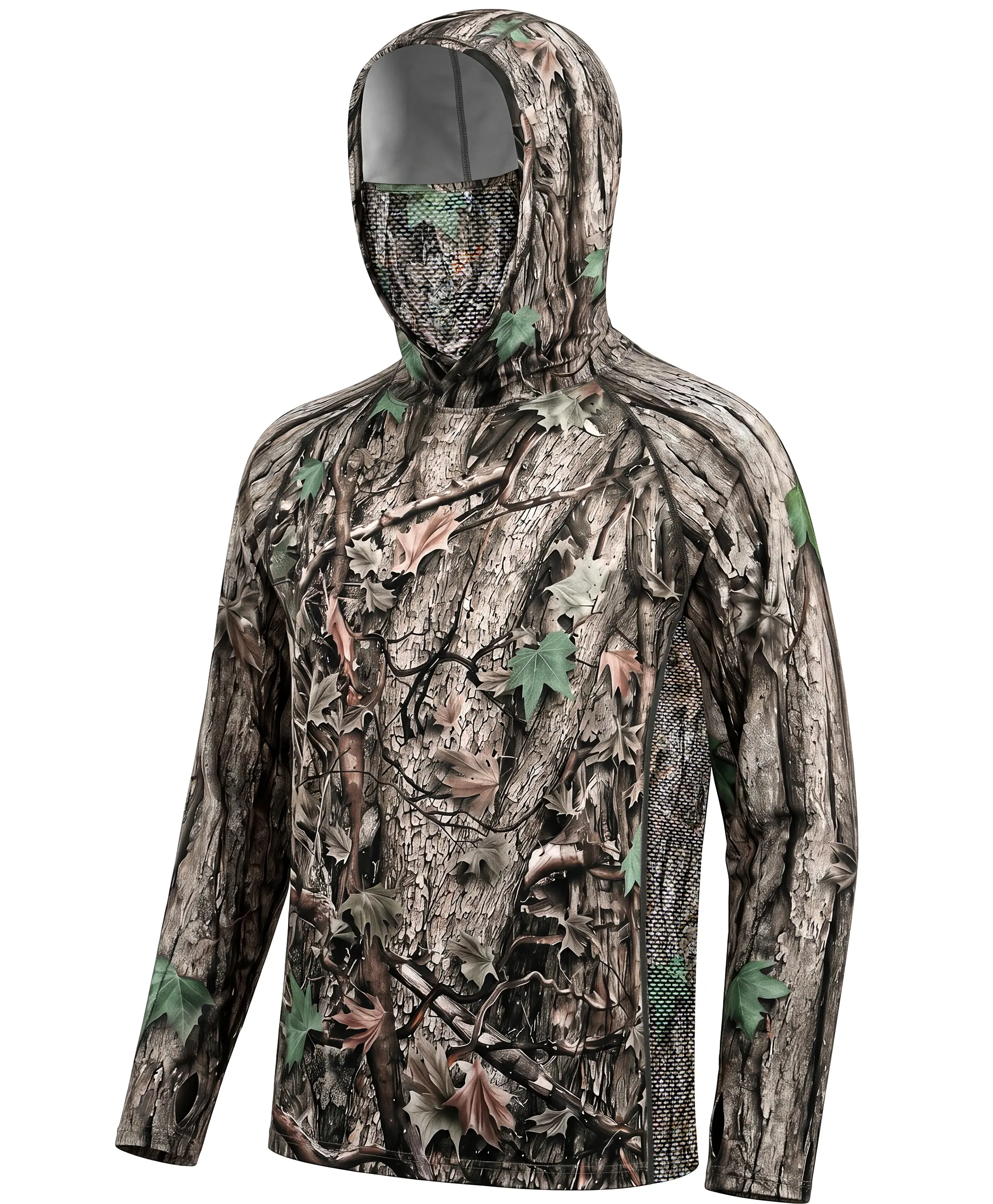 WELIGU Men’s UPF 50+ Camo Long Sleeve Shirt with Built-in Hood & Mask, All Season Male Wear Breathable Mesh Hunting & Fishing Outerwear